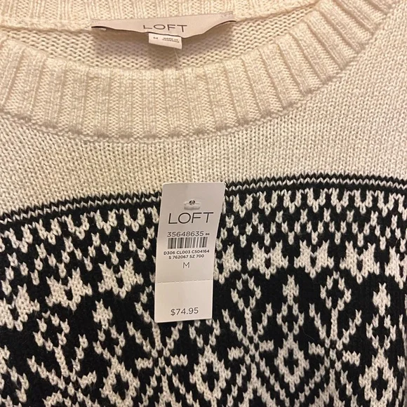 NWT!! LOFT Cream and Black Fair Isle Women's Sweater - Picture 3 of 6